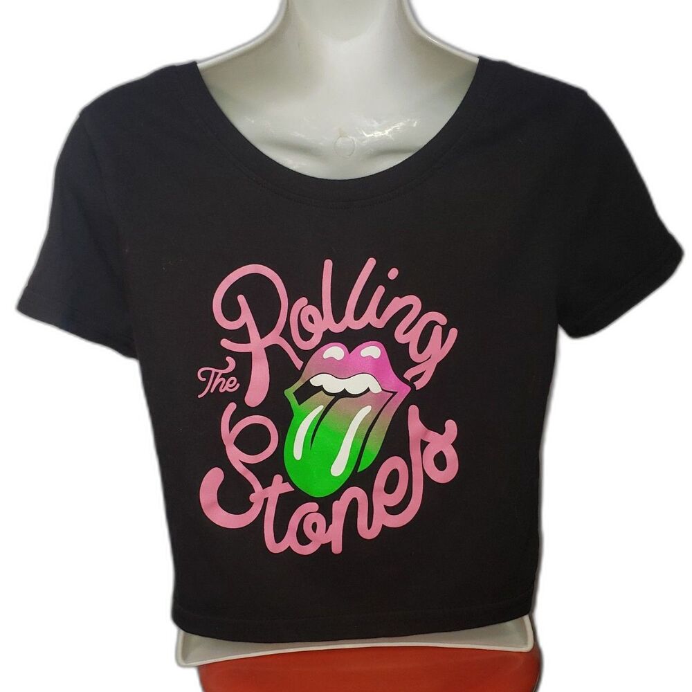 Rolling Stones Black Neon Print Cropped Baby Tee T Shirt Juniors Size XL